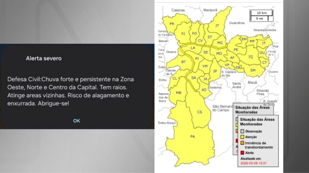 Defesa Civil emite alerta para chuva forte em São Paulo amanhã