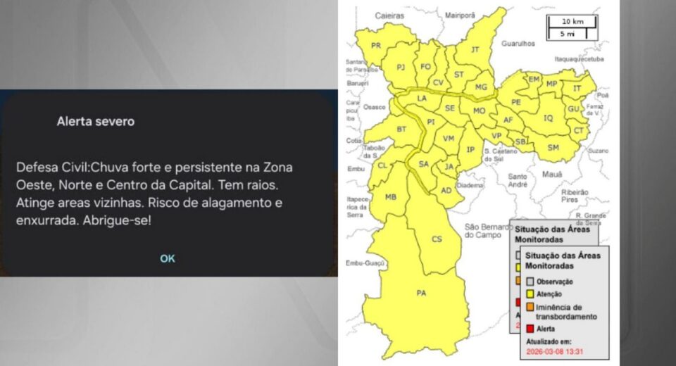 Defesa Civil emite alerta para chuva forte em São Paulo amanhã