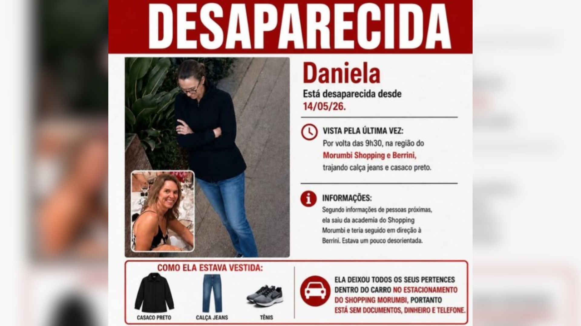 Mulher desaparece após treino em academia no Shopping Morumbi